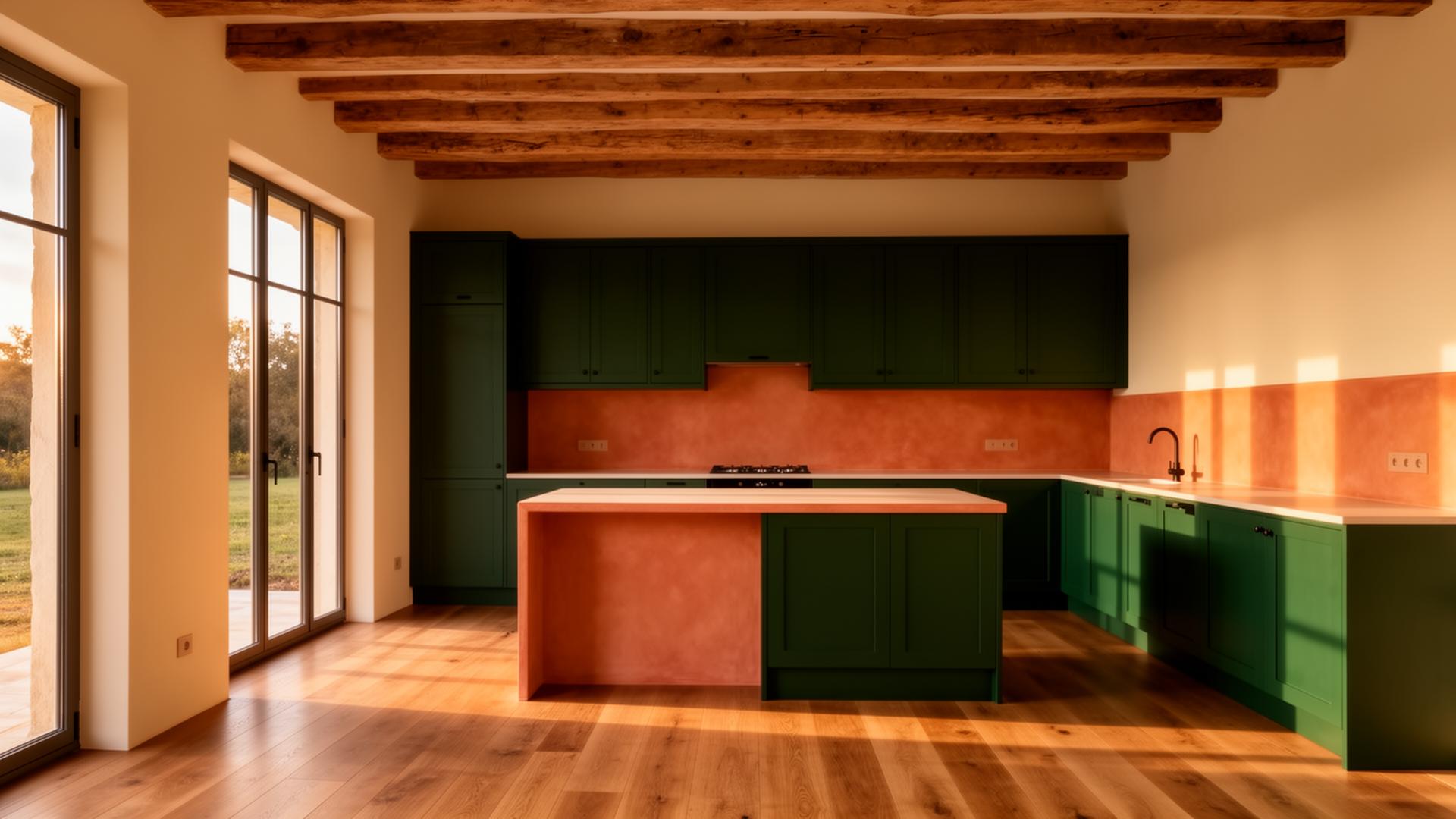 Beautifully renovated farmhouse interior with deep green cabinetry and warm wood tones